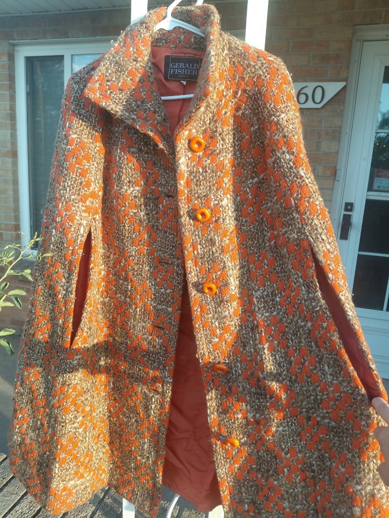 Vintage 1960s Gerald Fisher Wool Tweed Swing Cape Coat Orange Brown Mod
